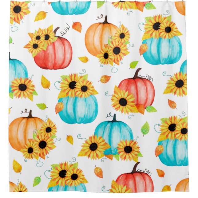 Hand drawn seamless pattern with sunflowers pumpki shower curtain (Front)
