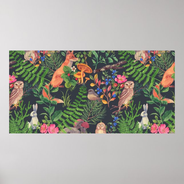 Hand drawn seamless pattern with watercolor forest poster (Front)