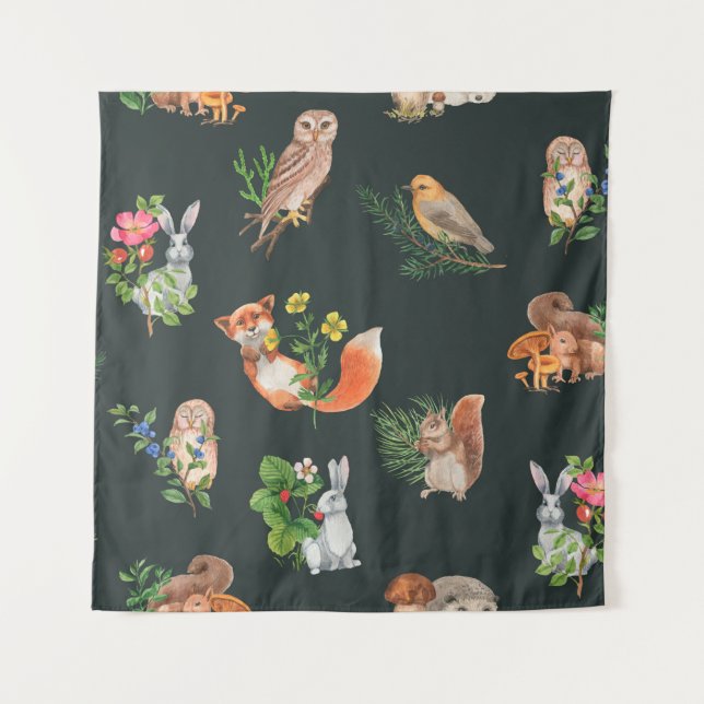 Hand drawn seamless pattern with watercolor forest tapestry (Front)