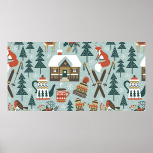 Hand drawn seamless vintage pattern with cute fore poster