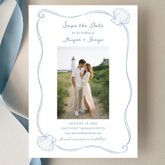 Hand Drawn Seashell Simple Blue Coastal Wedding Save The Date (Creator Uploaded)