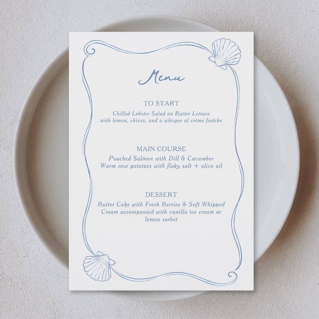 Hand Drawn Seashells Coastal Blue and White Menu (Creator Uploaded)