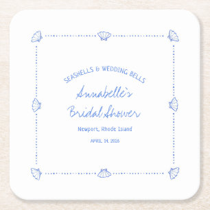 Hand Drawn Seashells & Wedding Bells Bridal Shower Square Paper Coaster