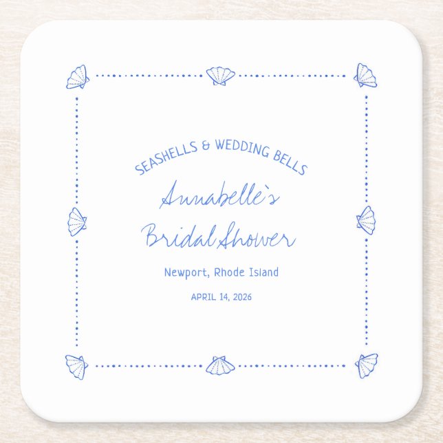Hand Drawn Seashells & Wedding Bells Bridal Shower Square Paper Coaster (Front)