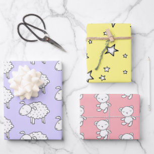 HAND DRAWN SHEEP STAR AND TEDDY BEAR GIFT WRAP