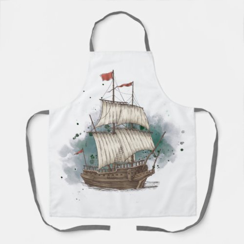 Hand Drawn Ship In Bow Wave On Splash Background   Apron