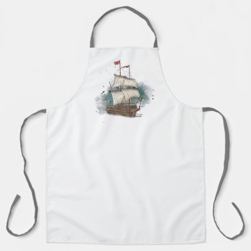 Hand Drawn Ship In Bow Wave On Splash Background   Apron