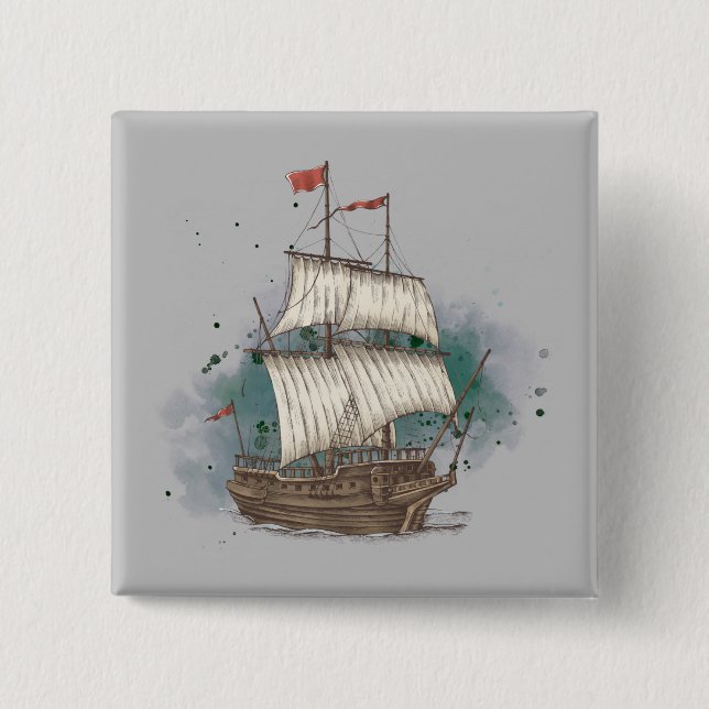 Hand Drawn Ship In Bow Wave On Splash Background   Button (Front)
