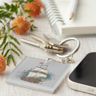 Hand Drawn Ship In Bow Wave On Splash Background Keychain