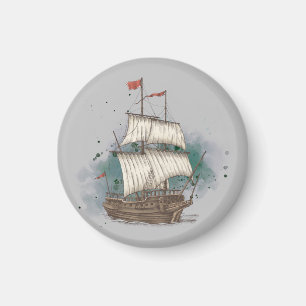 Hand Drawn Ship In Bow Wave On Splash Background   Magnet