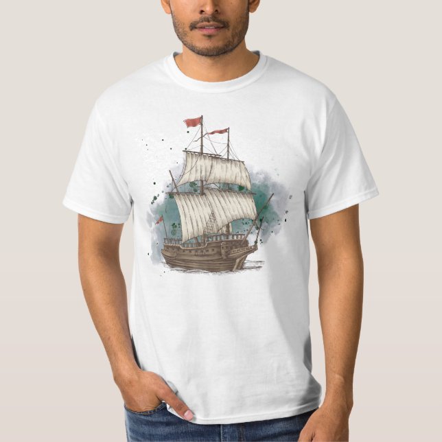 Hand Drawn Ship In Bow Wave On Splash Background   T-Shirt (Front)