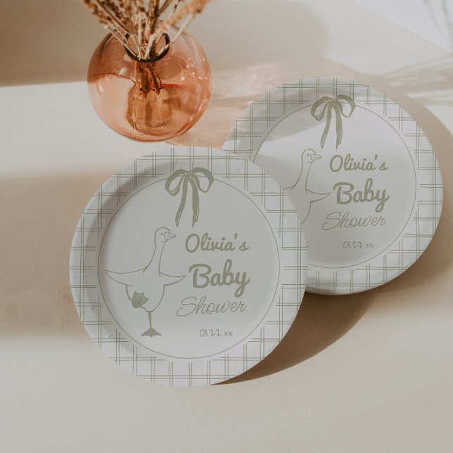 Hand Drawn Silly Goose Neutral Ribbon Baby Shower Paper Plates (Creator Uploaded)