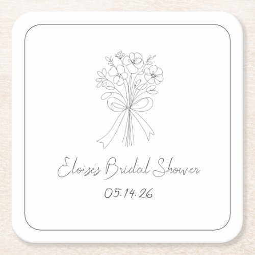 Hand Drawn Simple Flowers and Bow Bridal Shower Square Paper Coaster