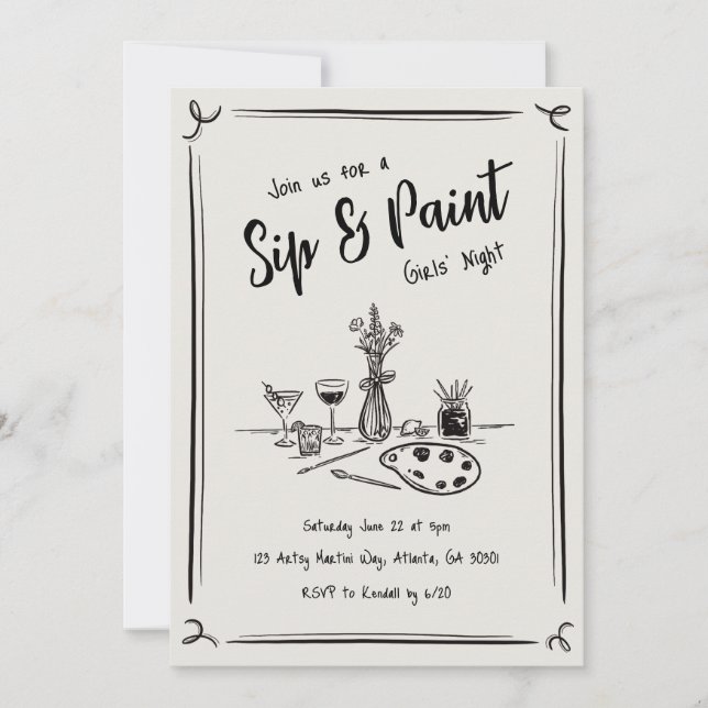 Hand Drawn Sip And Paint Invitation (Front)