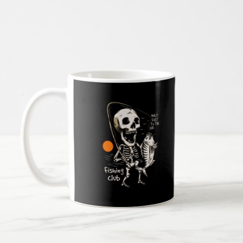 Hand drawn skeleton fishing illustration coffee mug