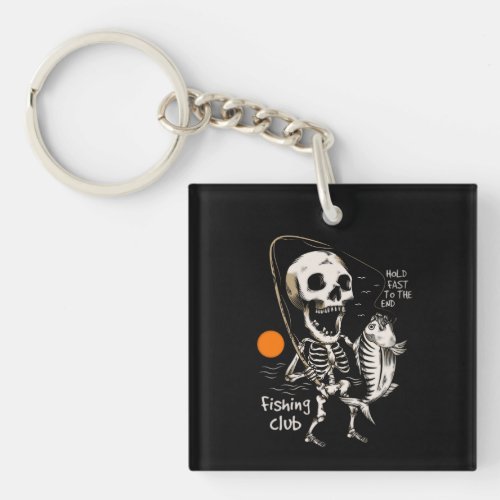 Hand drawn skeleton fishing illustration keychain