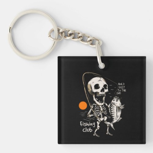 Hand drawn skeleton fishing illustration keychain