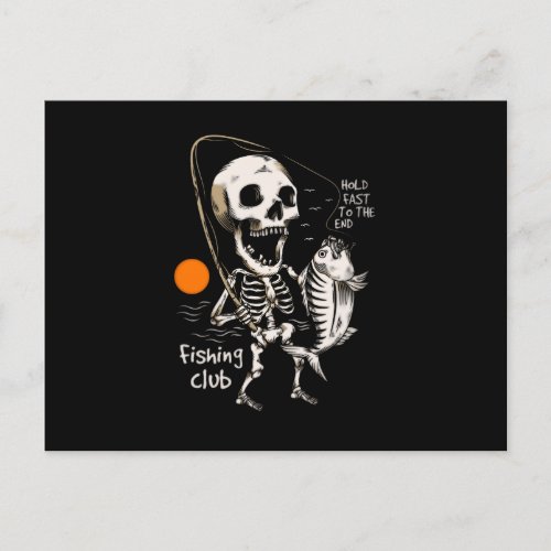 Hand drawn skeleton fishing illustration postcard