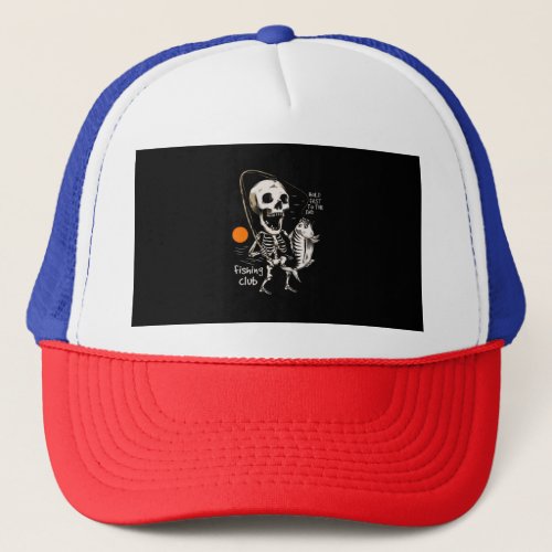 Hand drawn skeleton fishing illustration trucker hat