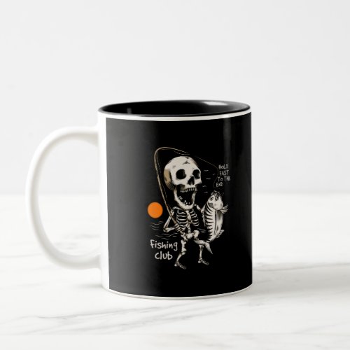 Hand drawn skeleton fishing illustration Two_Tone coffee mug