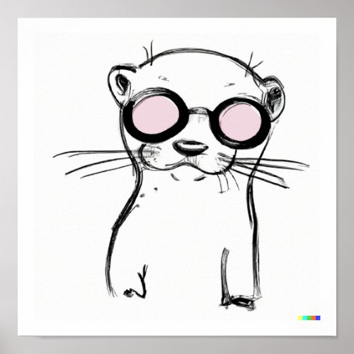 Hand drawn sketch baby otter wearing glasses poster