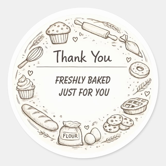 Hand-Drawn Sketch bakery Thank You Classic Round Sticker (Front)