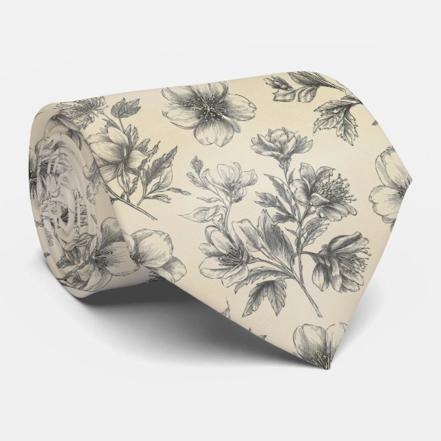Hand-Drawn Sketch Floral Pattern Neck Tie (Rolled)