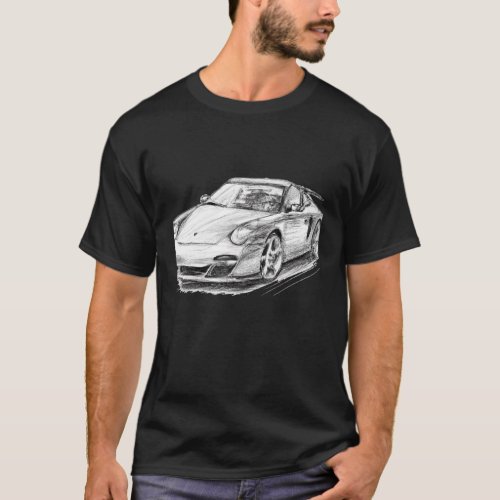 Hand Drawn Sketch Of A Classic Car In Black And Wh T_Shirt