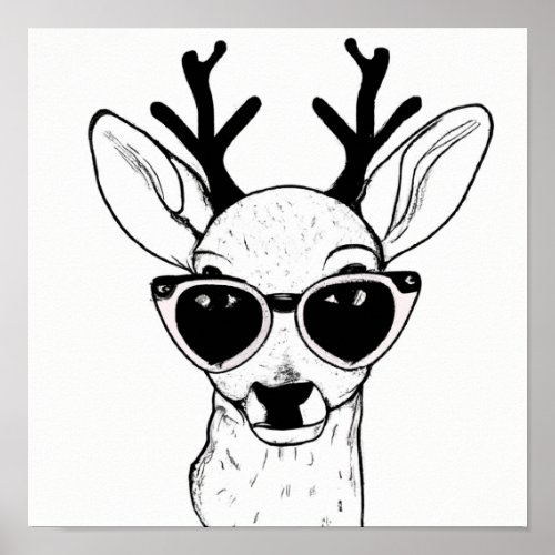 Hand drawn sketch of deer wearing glasses poster