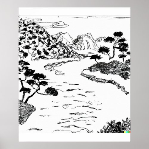  hand drawn sketch of flowing river in Ukiyo_E art Poster