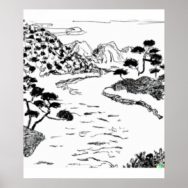  hand drawn sketch of flowing river in Ukiyo-E art Poster (Front)