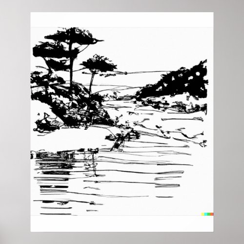 hand drawn sketch of flowing river in Ukiyo_E art Poster