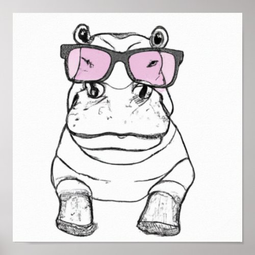 Hand drawn sketch of Hippo wearing glasses Poster