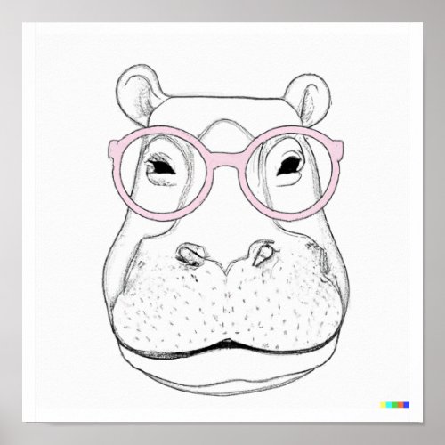 Hand drawn sketch of Hippo wearing glasses Poster