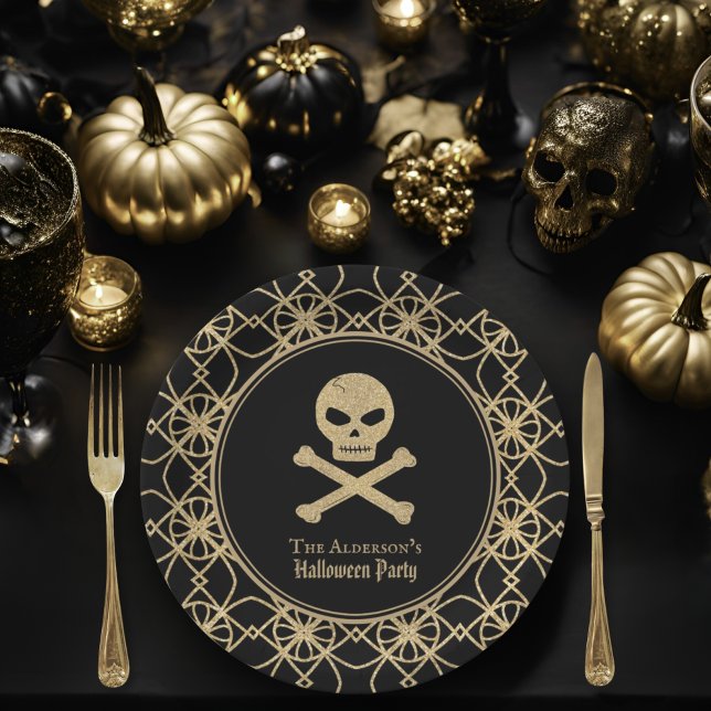 Hand Drawn Skull Gold Glitter Halloween Party Paper Plates (Creator Uploaded)