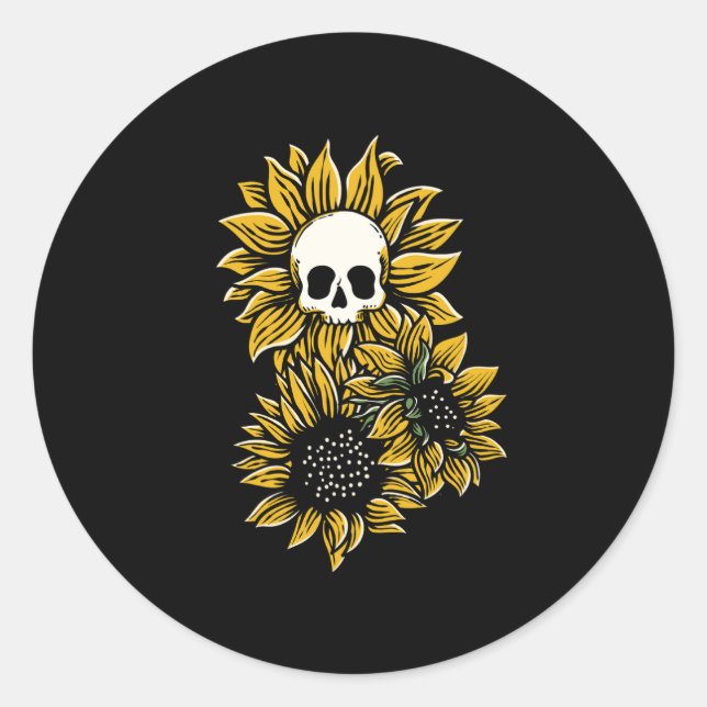 Hand drawn skull with sunflower illustration (2) classic round sticker (Front)