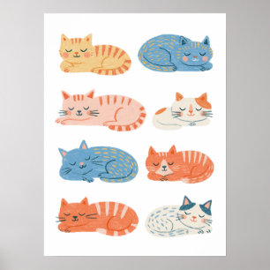Hand-Drawn Sleepy Cats Clip Art Sheet Cute Cat Poster