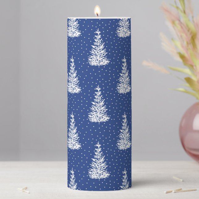 Hand Drawn Snow Covered Tree Pattern Indigo Pillar Candle (In Situ)