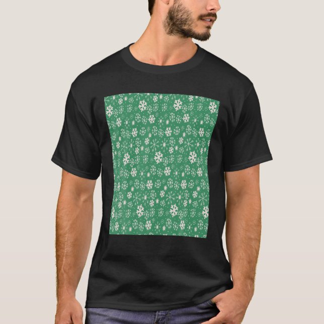 Hand Drawn Snowflake Blizzard With Imp Green Backg T-Shirt (Front)