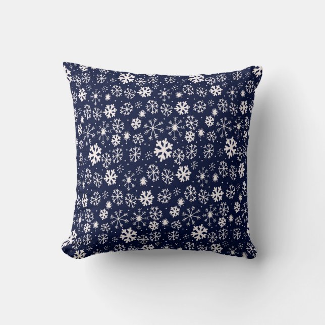 Hand Drawn Snowflake Blizzard With Navy Classic Bl Throw Pillow (Front)