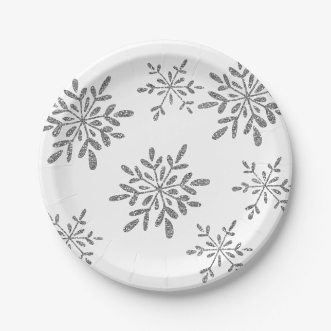 Hand Drawn Snowflakes | Silver Glitter Holiday Paper Plates (Front)