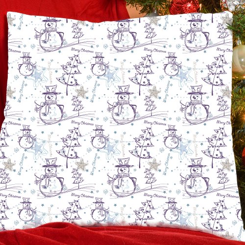 Hand Drawn Snowman Christmas Purple Throw Pillow