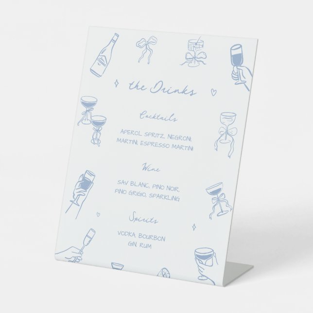Hand Drawn Something Blue Bridal Shower Drink Menu Pedestal Sign (Front)
