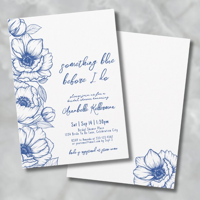 Hand Drawn Something Blue Floral Bridal Shower Invitation (Whimsical Something Blue Floral Bridal Shower Invitation)