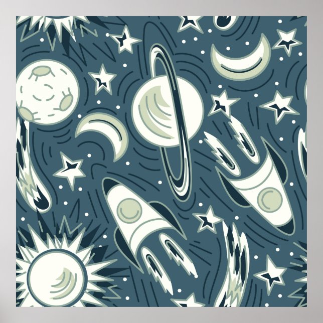 Hand drawn space seamless vintage pattern. Planets Poster (Front)