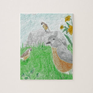 Hand-drawn Springtime Daffodils Robins Jigsaw Puzzle