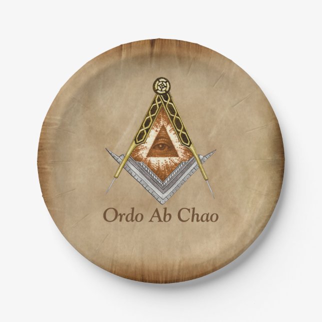 Hand Drawn Square and Compass With All Seeing Eye Paper Plates (Front)