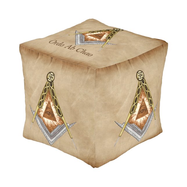 Hand Drawn Square and Compass With All Seeing Eye Pouf (Angled Front)