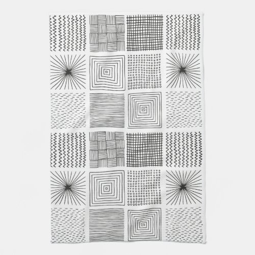 Hand drawn Squares Abstract Black  White BW Kitchen Towel