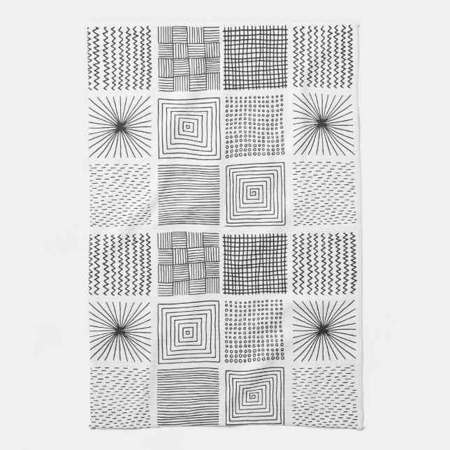 Hand drawn Squares Abstract Black & White B/W Kitchen Towel (Vertical)